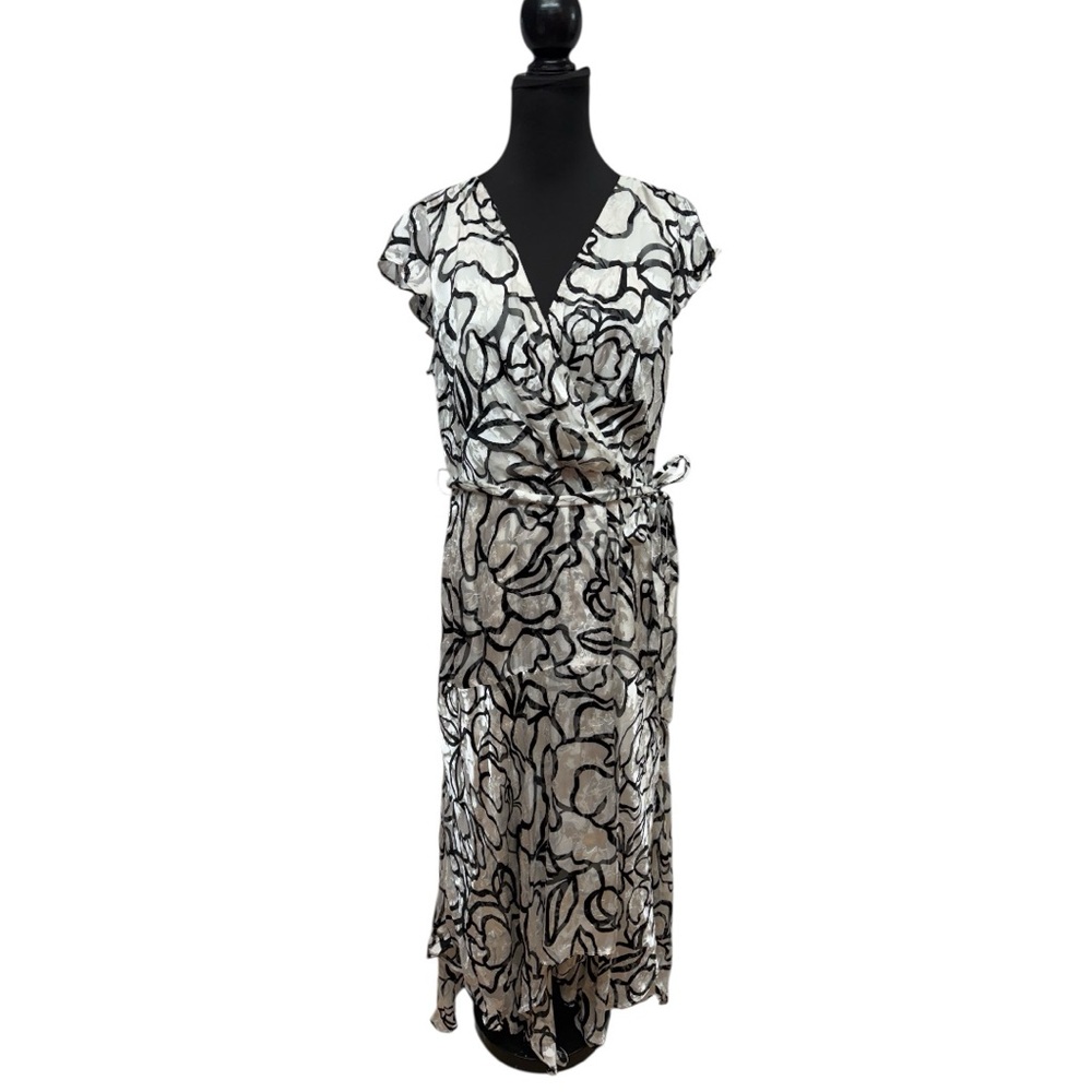 White House Black Market 18 Ecru Black Floral Wrap Midi Dress NWT